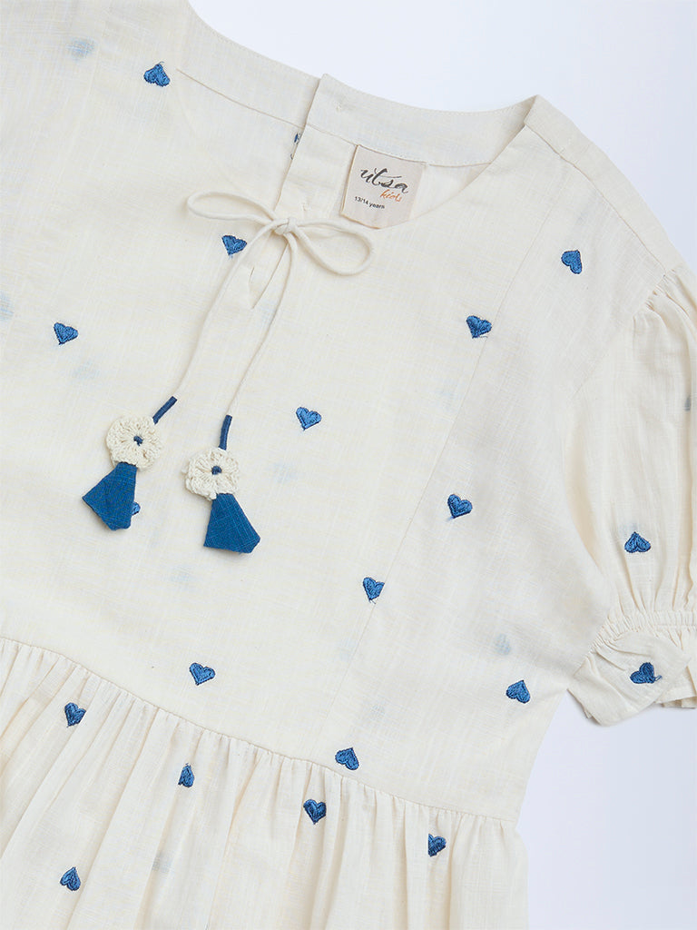 Utsa Kids Girls White Heart Embroidered A-Line Cotton Dress - (8-14 yrs)