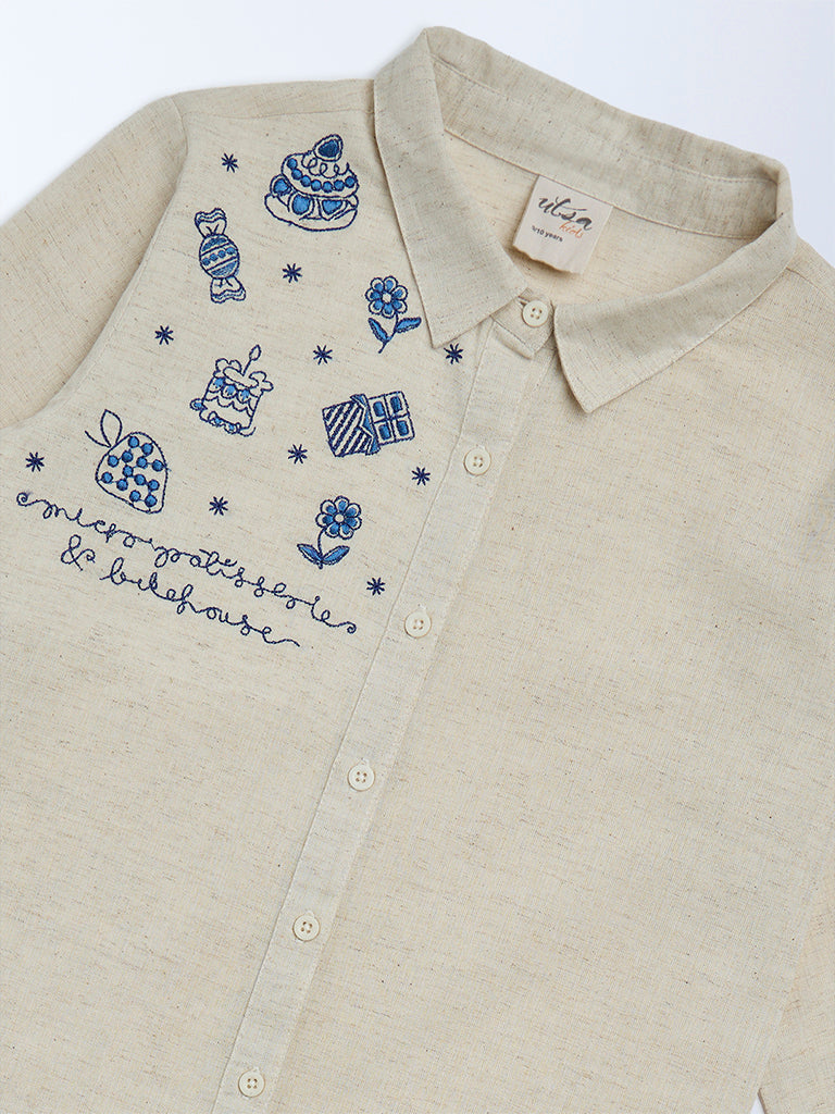 Utsa Kids Girls Beige Embroidered Cotton-Blend Tunic - (8-14 yrs)