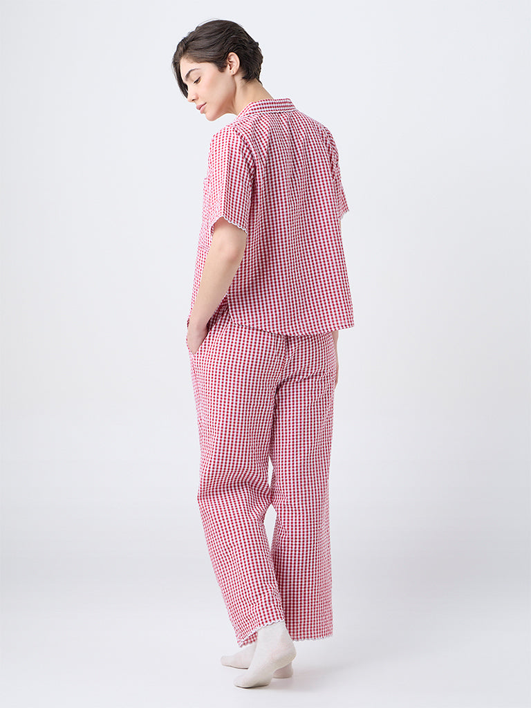 Wunderlove Red Checkered Cotton Shirt and Pyjamas Set