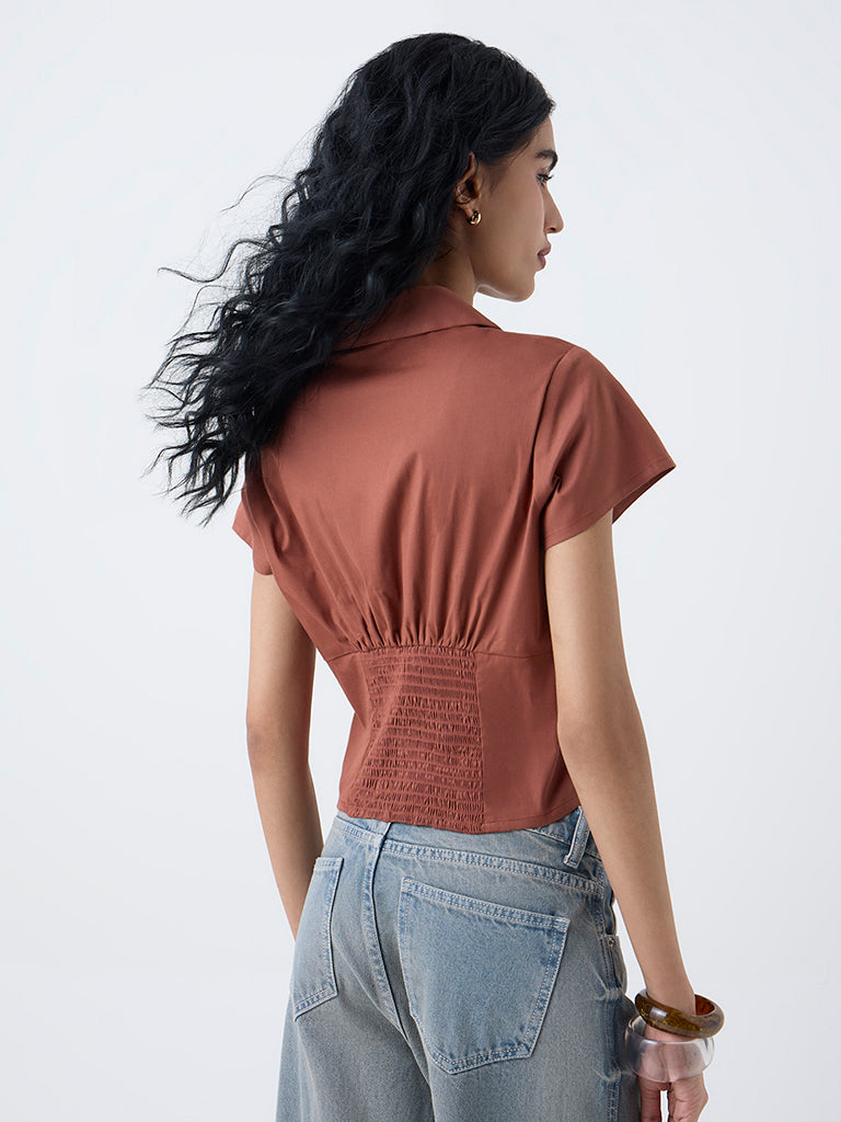 Nuon Brown Smocked Cotton Shirt