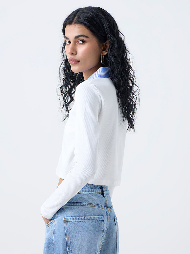 Nuon White Ribbed-Textured Cotton-Blend T-Shirt