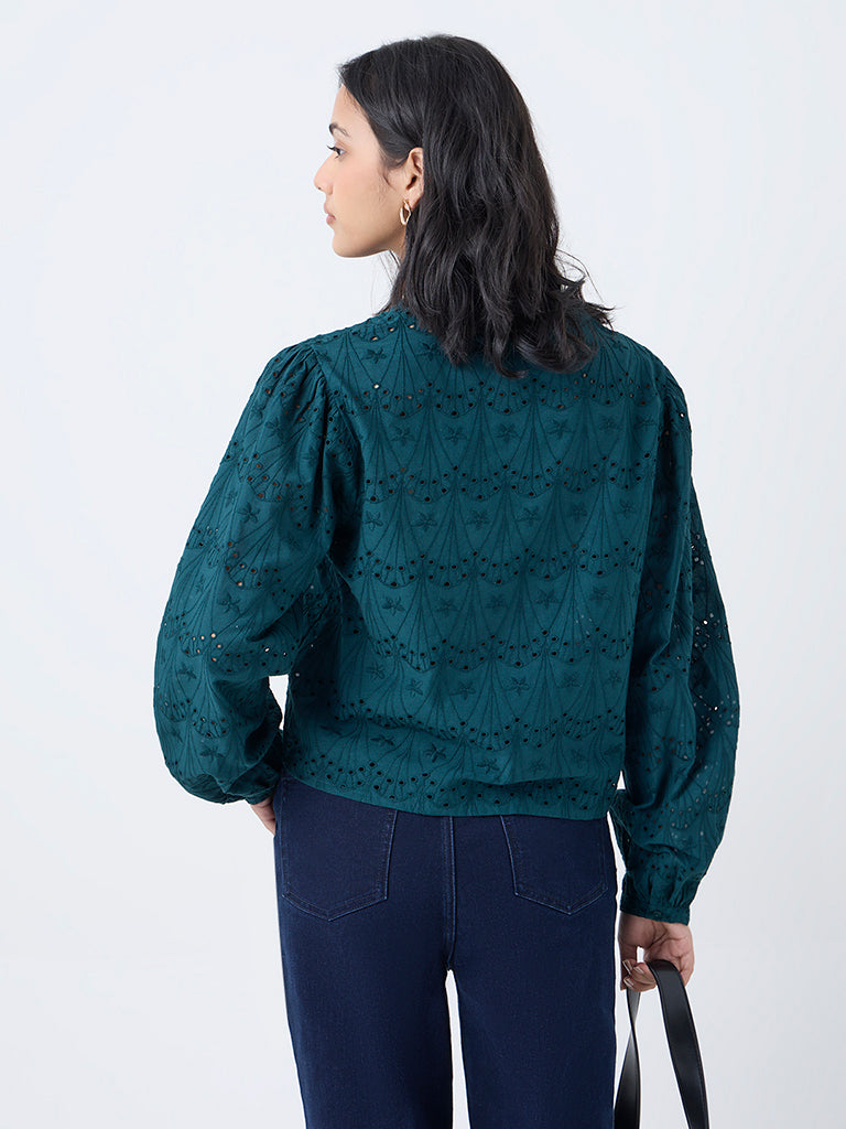 LOV Green Schiffli Embroidered Cotton Blouse