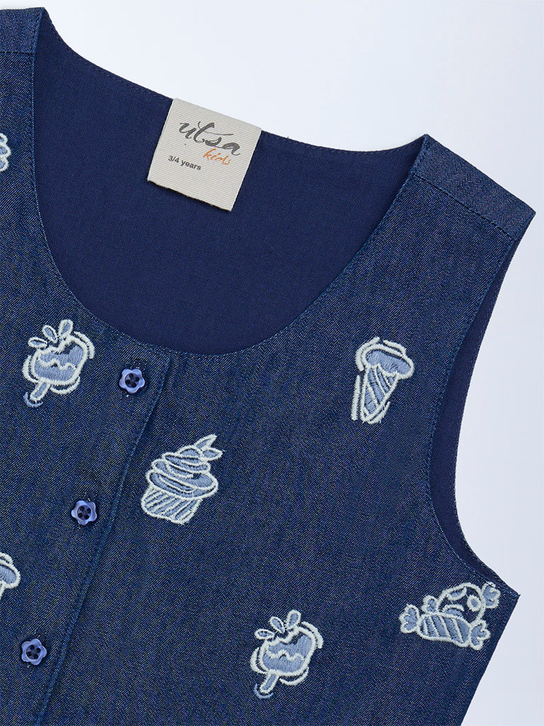 Utsa Kids Girls Navy Embroidered Denim Waistcoat - (2-8 yrs)
