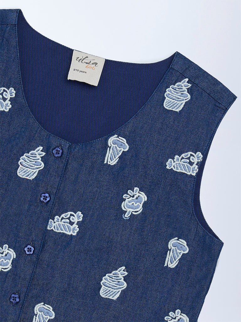 Utsa Kids Girls Navy Embroidered Denim Waistcoat - (8-14 yrs)