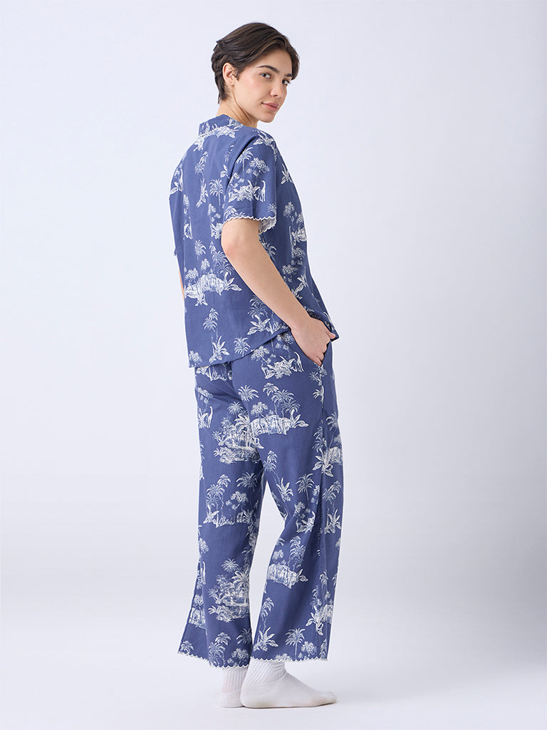 Wunderlove Dusty Blue Cotton Shirt and Pyjama Set