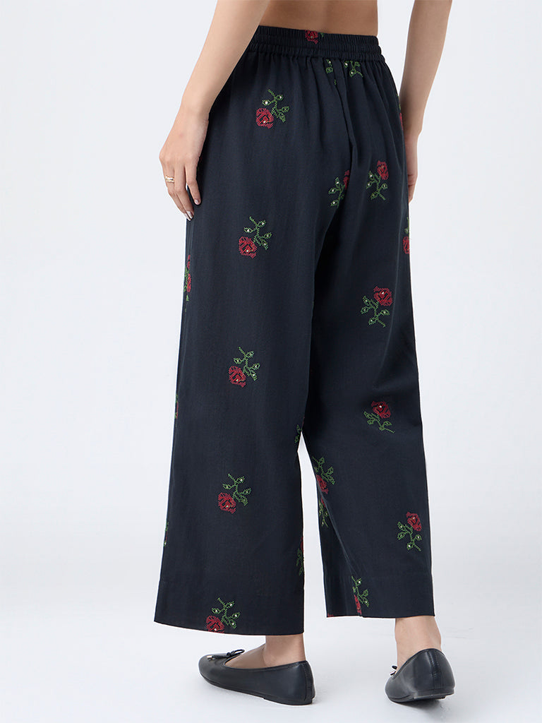 Utsa Black Floral Embroidered Cotton Palazzos