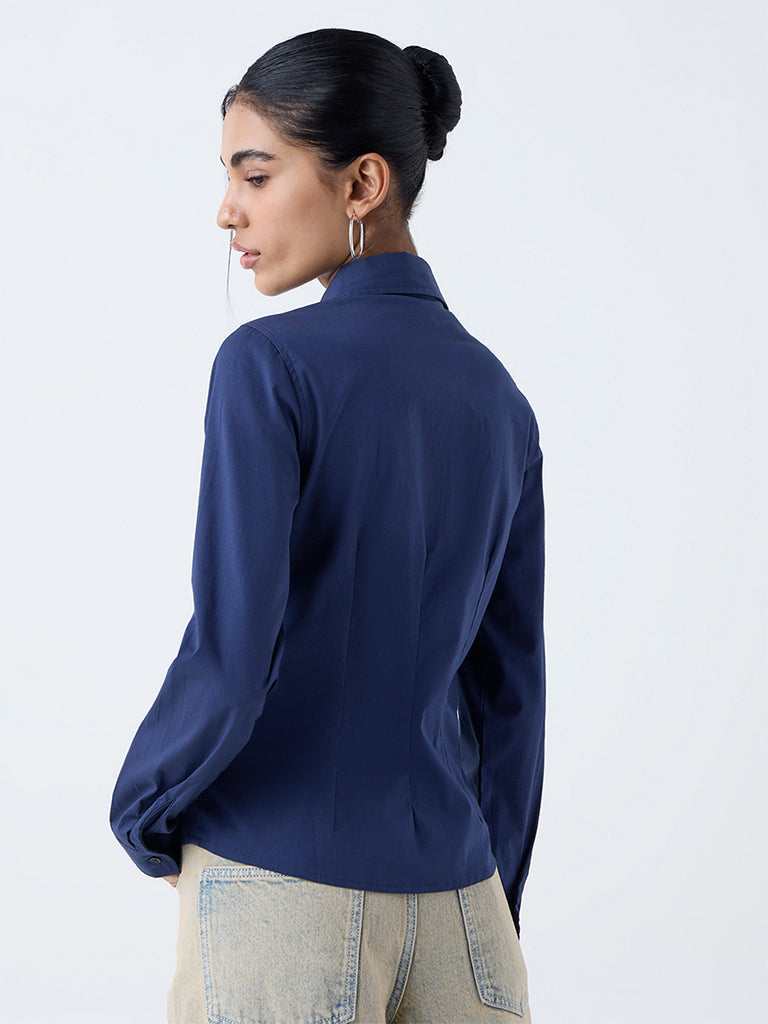 Nuon Navy Solid Cotton-Blend Shirt
