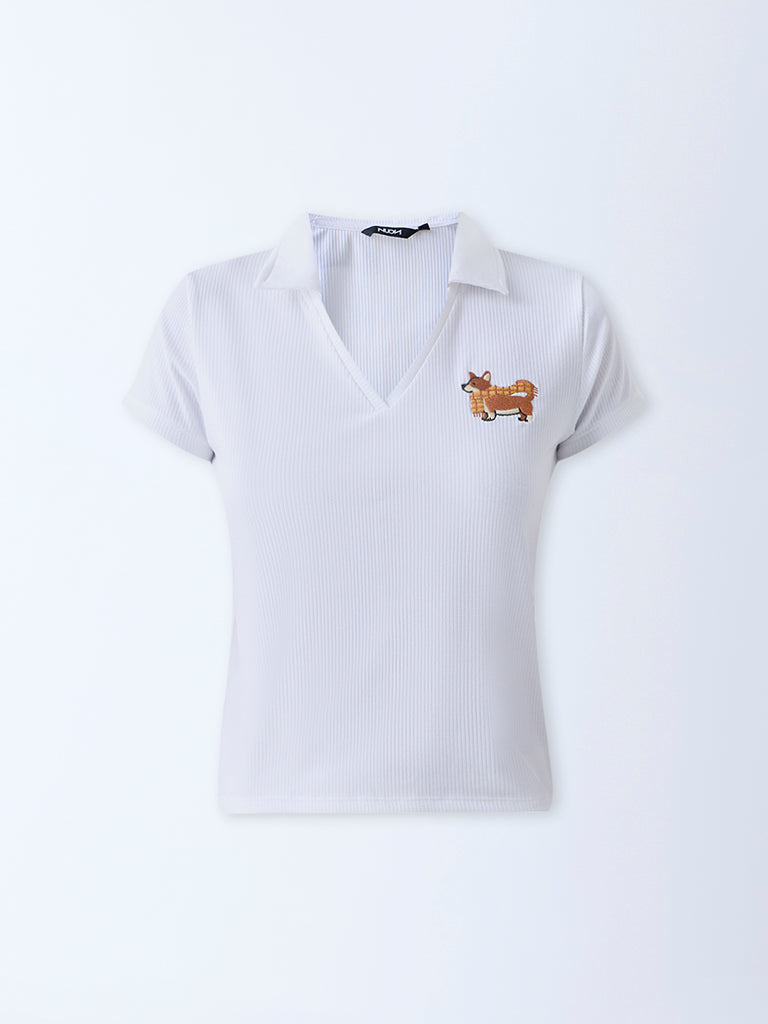 Nuon White Ribbed Cotton-Blend Top