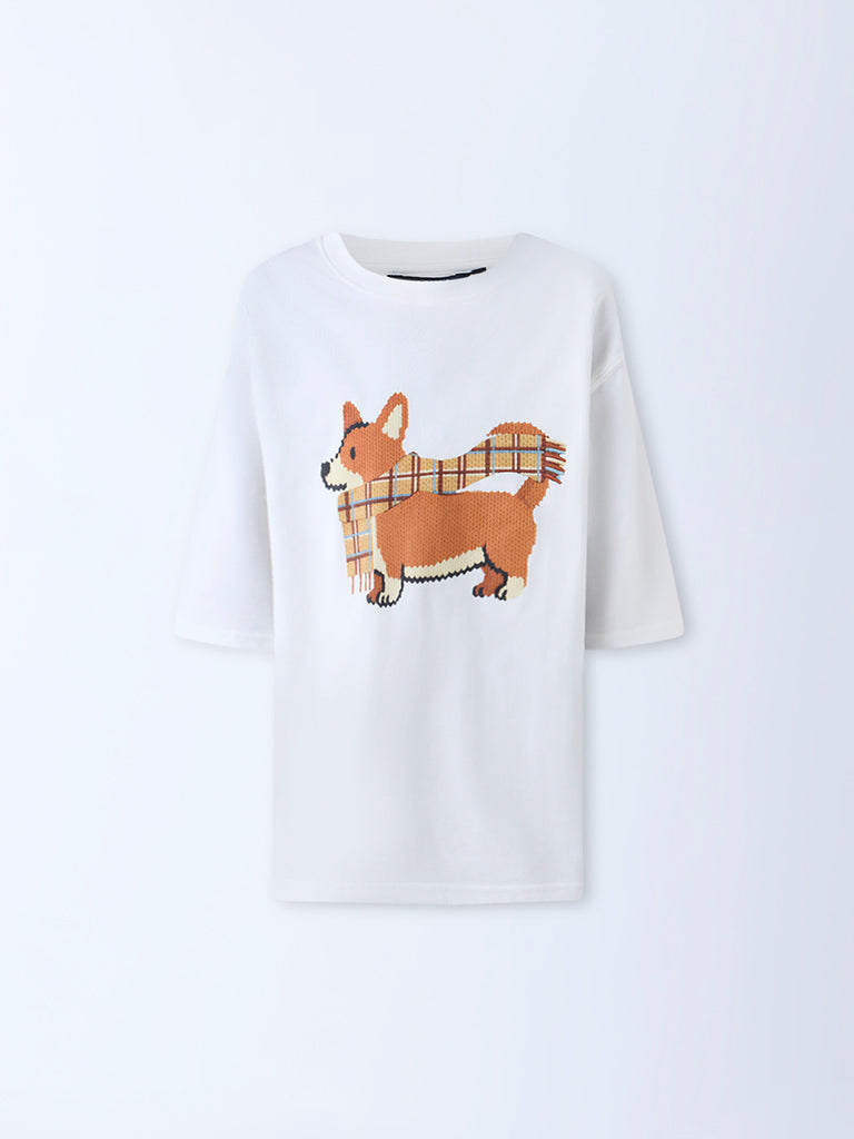 Nuon White Graphic Design Oversized Cotton T-Shirt