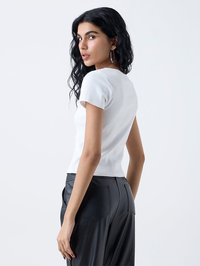 Nuon White Ribbed Criss-Cross Design Top
