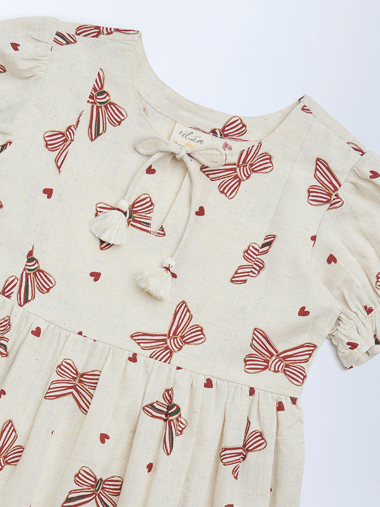 Utsa Kids Girls Off-White Bow-Printed A-Line Cotton-Blend Dress - (8 - 14yrs)