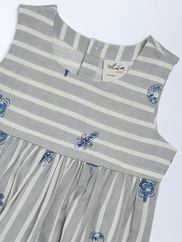 Utsa Kids Girls Grey Striped Cotton-Blend Tiered Dress - (2-8 yrs)