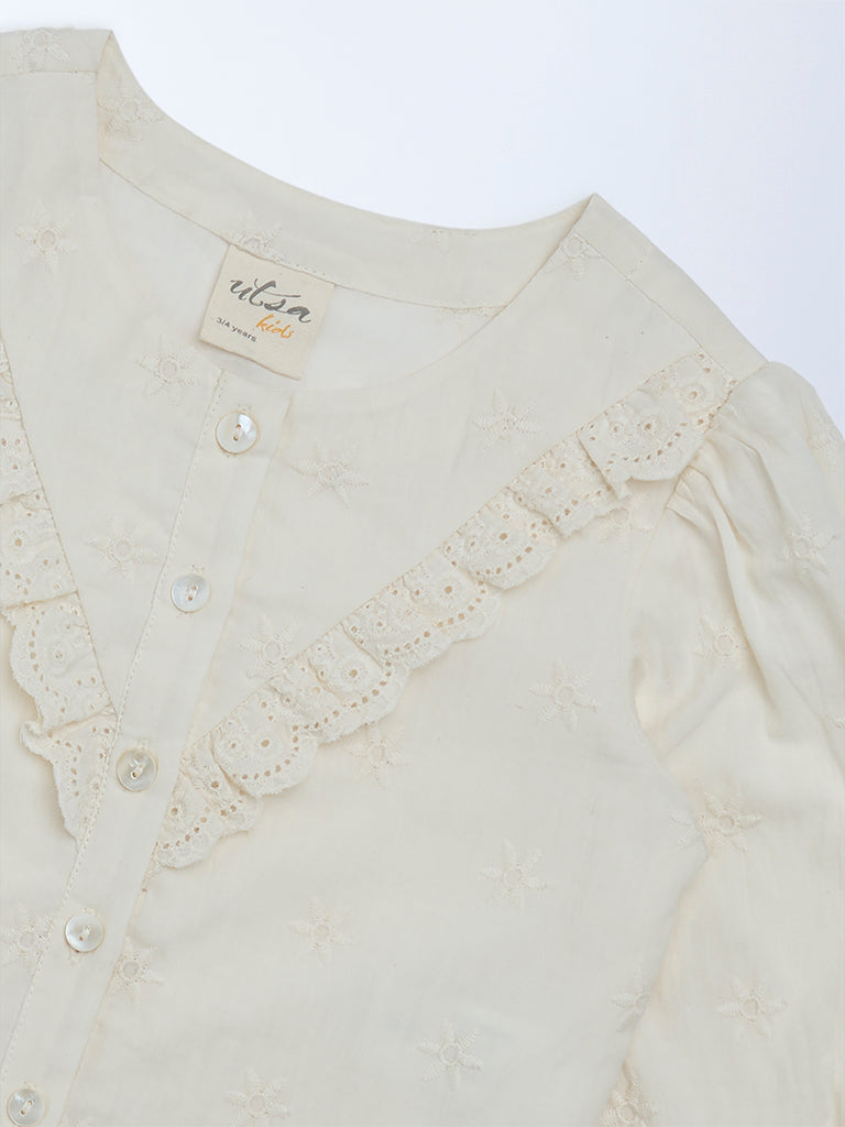 Utsa Kids Girls Off-White Schiffli Embroidered Cotton Top - (2-8 yrs)
