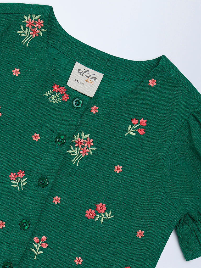 Utsa Kids Girls Jade Green Floral Embroidered Cotton-Blend Top - (2-8 yrs)