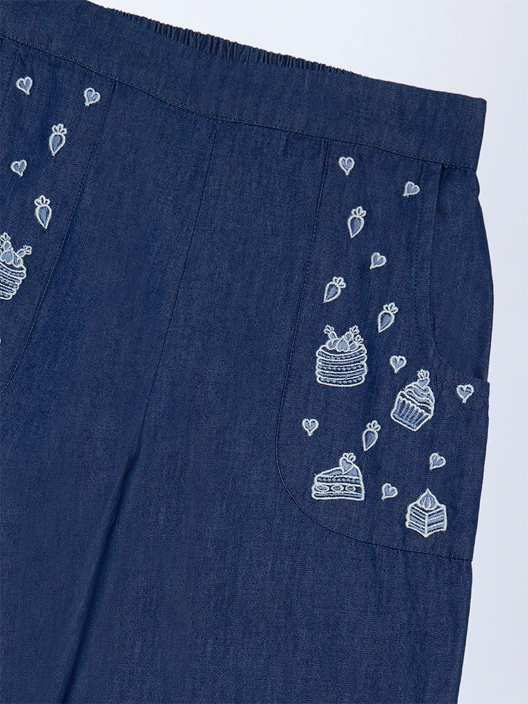 Utsa Kids Girls Navy Embroidered Denim Pants - (8-14 yrs)