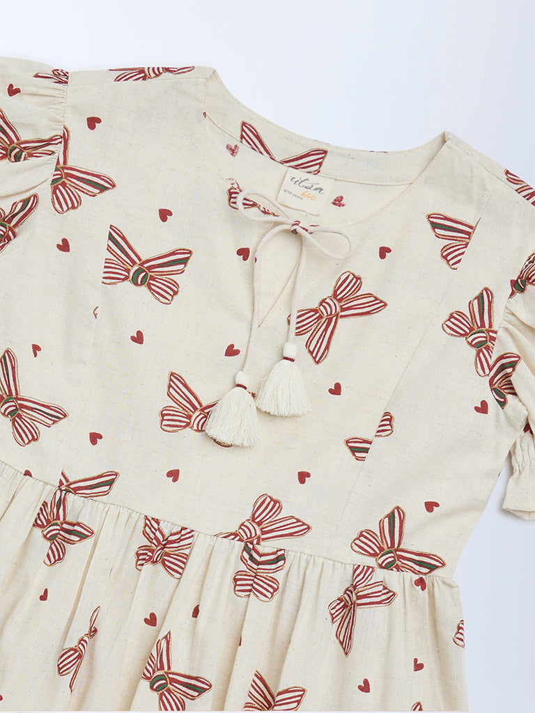 Utsa Kids Girls Off-White Bow-Printed A-Line Cotton-Blend Dress - (2 - 8yrs)