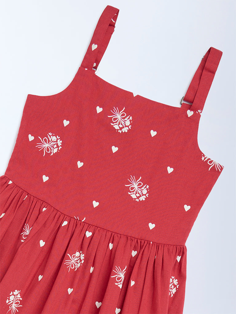 Utsa Kids Girls Red Printed A-Line Cotton-Blend Dress - (8 - 14yrs)