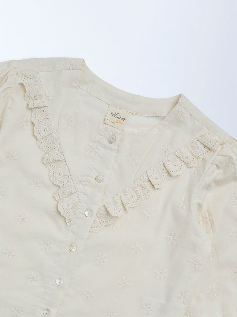 Utsa Kids Girls Cream Floral Cotton Top - (8-14 yrs)