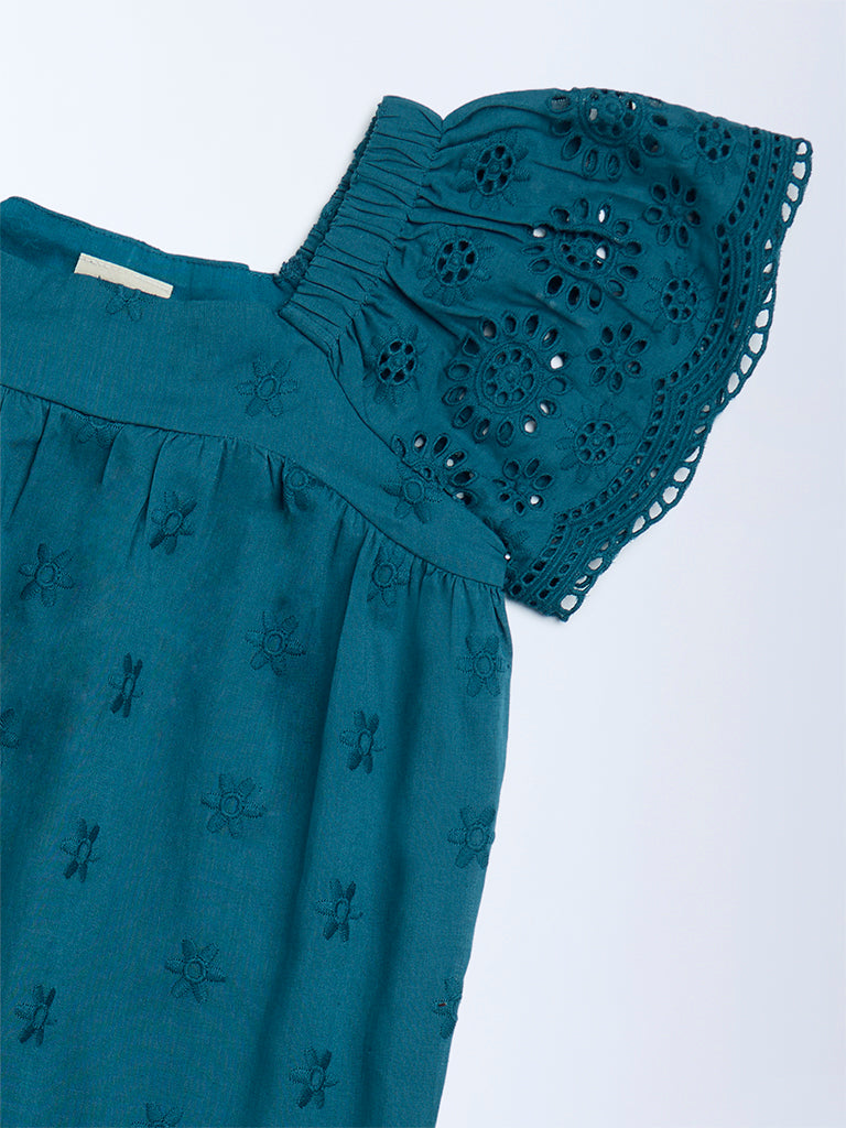 Utsa Kids Girls Teal Schiffli Drop-Waist Cotton Dress (2 - 8yrs)