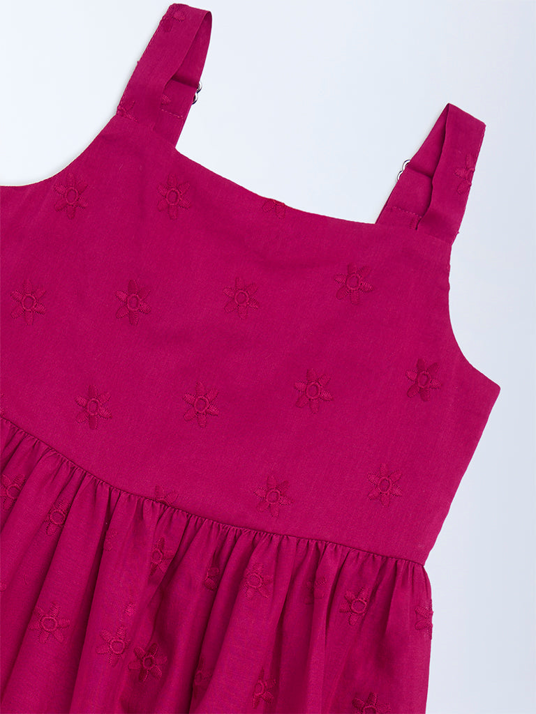Utsa Kids Girls Magenta Schiffli Tiered Cotton Dress (2 - 8yrs)