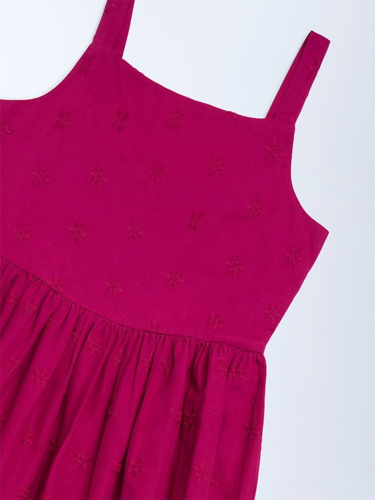 Utsa Kids Girls Magenta Schiffli Tiered Cotton Dress (8 - 14yrs)