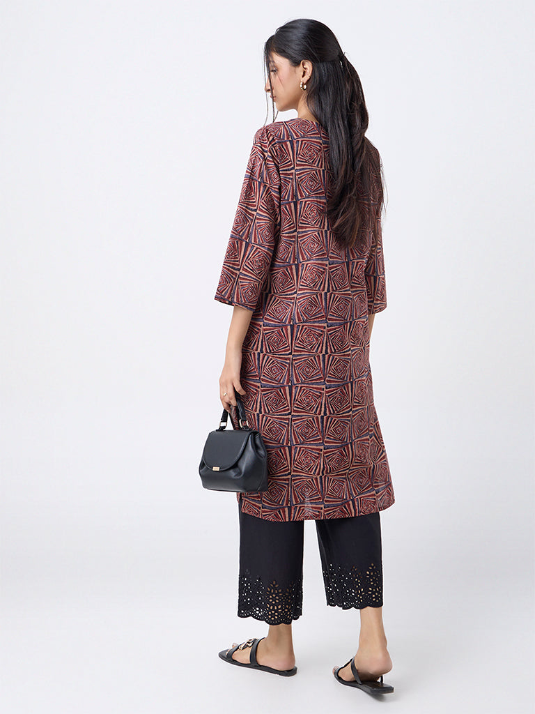 Utsa Brown Printed Cotton Straight Kurta
