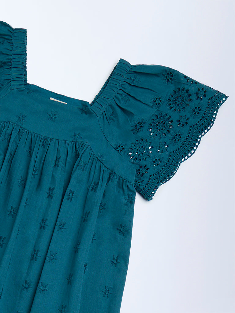 Utsa Kids Girls Teal Schiffli Drop-Waist Cotton Dress (8 - 14yrs)