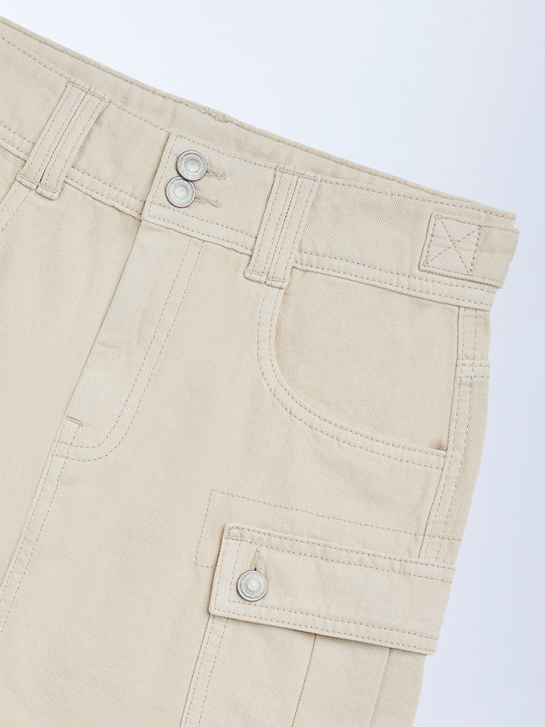 Girls Beige High-Rise Denim Skirt