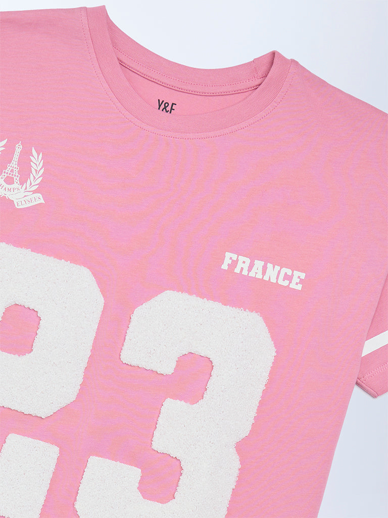 Girls Pink Printed Cotton T-Shirt