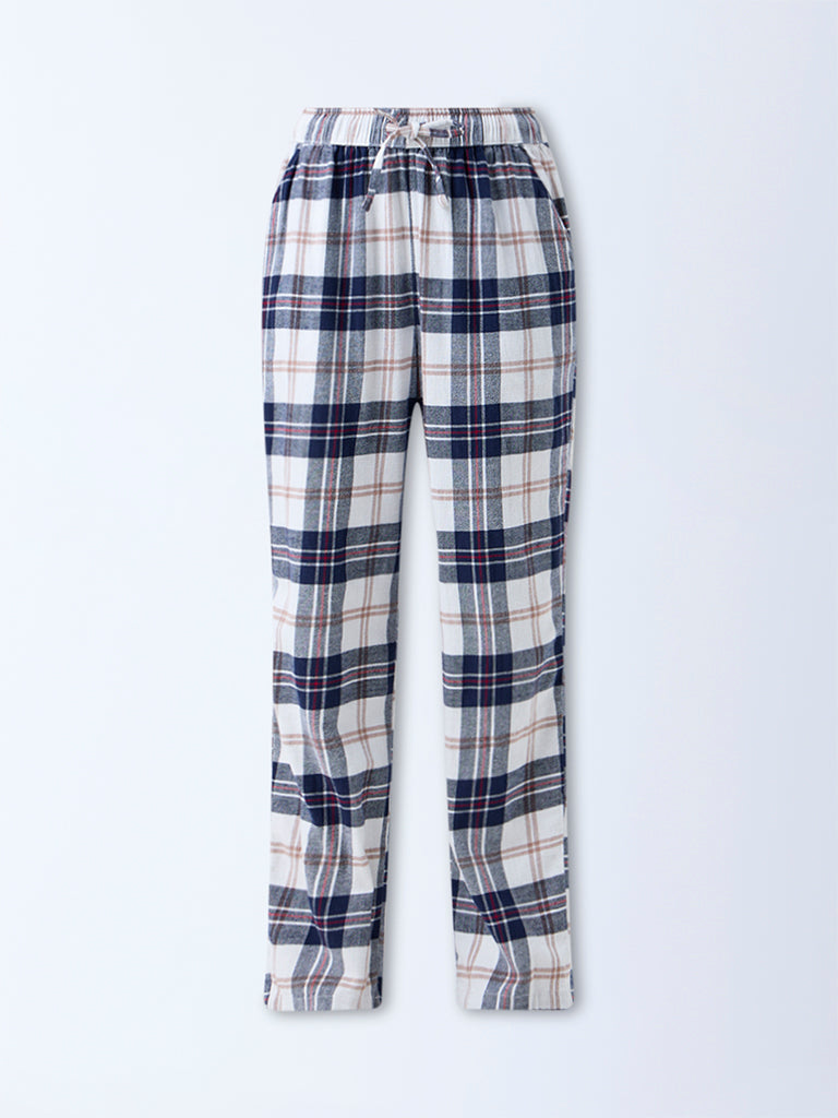 Wunderlove Blue Flannel Checkered High-Rise Cotton Pants