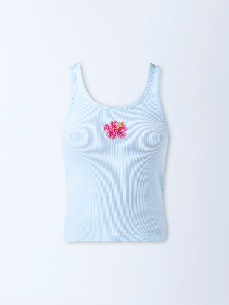 Nuon Light Blue Embellished Cotton-Blend Tank Top