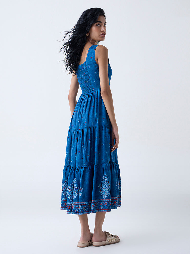 Bombay Paisley Blue Floral Pattern Tiered Dress
