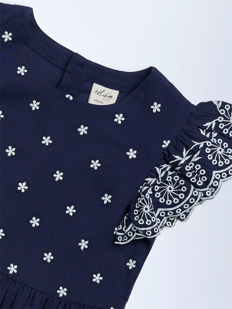 Utsa Kids Girls Navy Floral Embroidered A-Line Cotton-Blend Dress - (8-14 yrs)