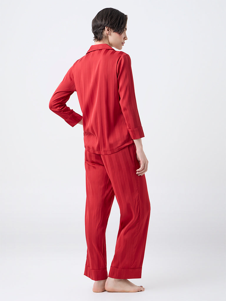 Wunderlove Red Self-Striped Satin Shirt with Pyjama Set