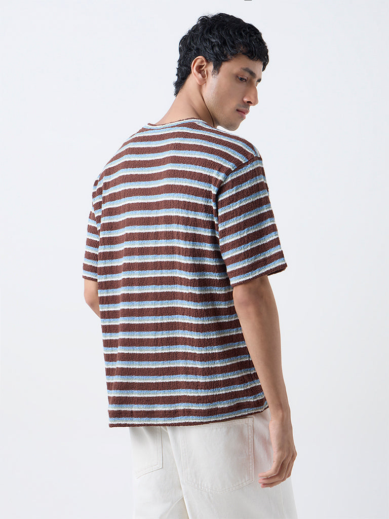 Nuon Brown Striped Relaxed-Fit Cotton-Blend T-Shirt