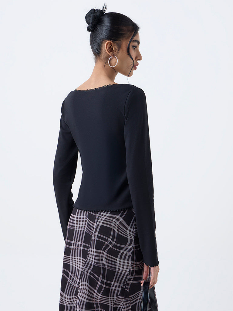 Nuon Black Lace-Detail Cotton-Blend Top