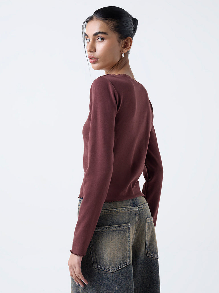 Nuon Brown Lace-Detail Top