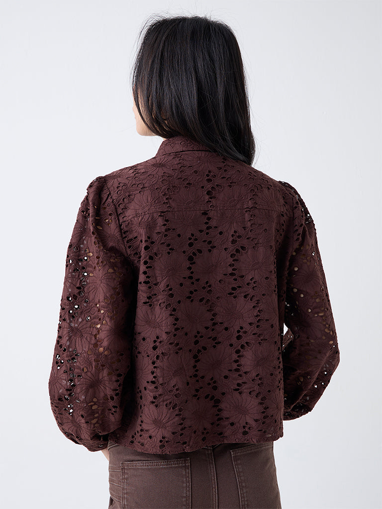 LOV Dark Brown Schiffli Embroidered Cotton Shirt