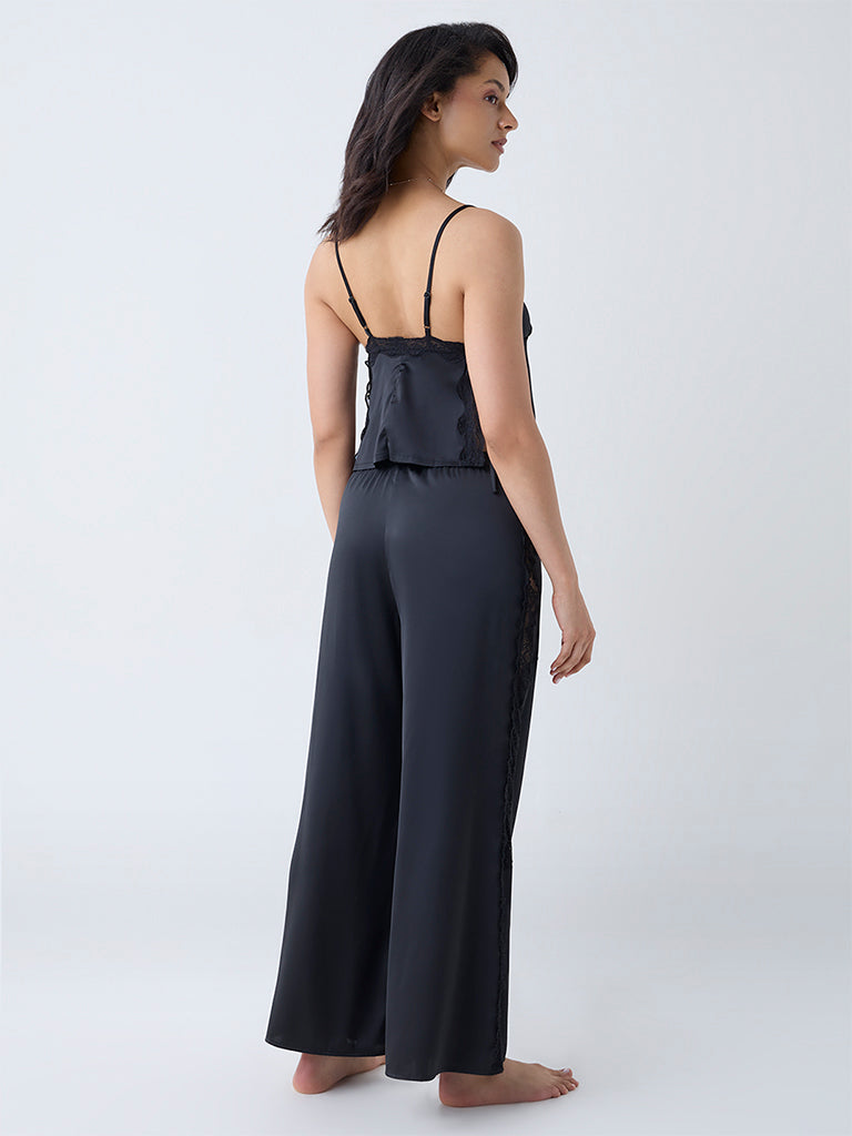 Wunderlove Black Lace-Detailed High-Rise Satin Pants