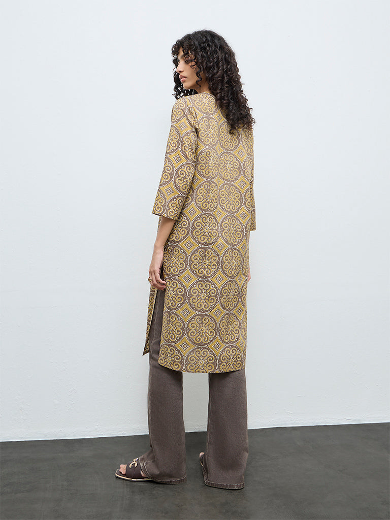 Utsa Dark Yellow Printed Cotton Straight Kurta