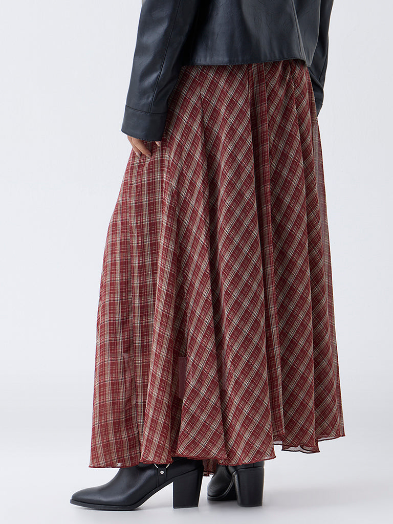 LOV Maroon Check Pattern High-Rise Skirt-Online Exclusive
