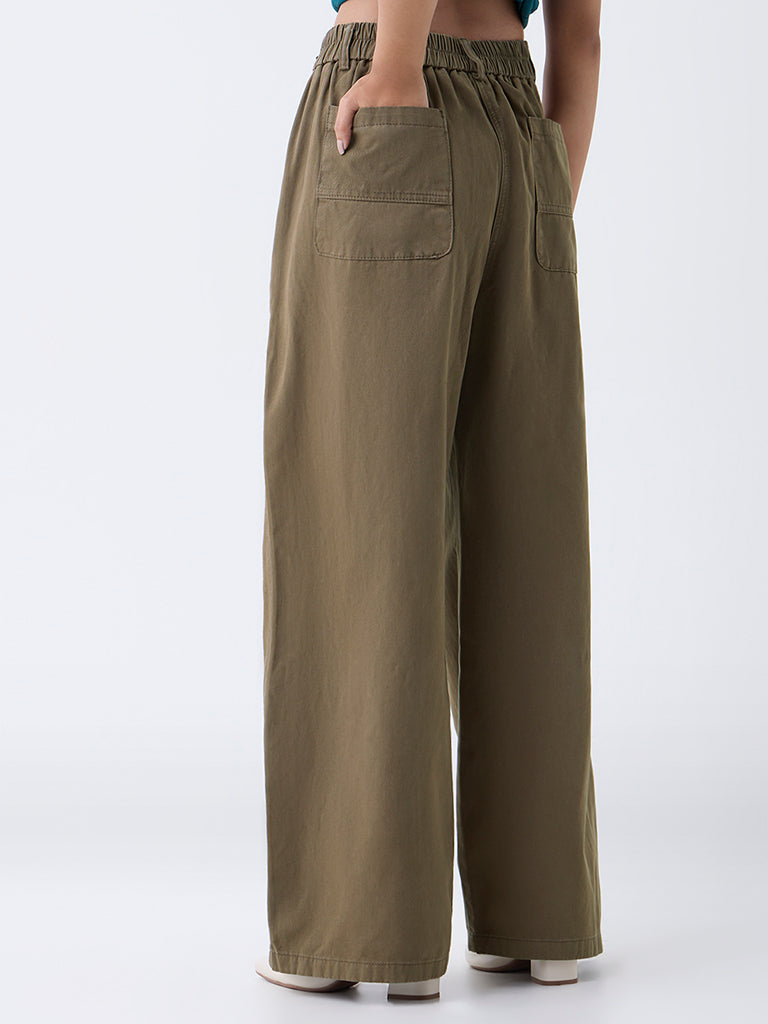 LOV Olive High-Rise Baggy Cotton Trousers-Online Exclusive