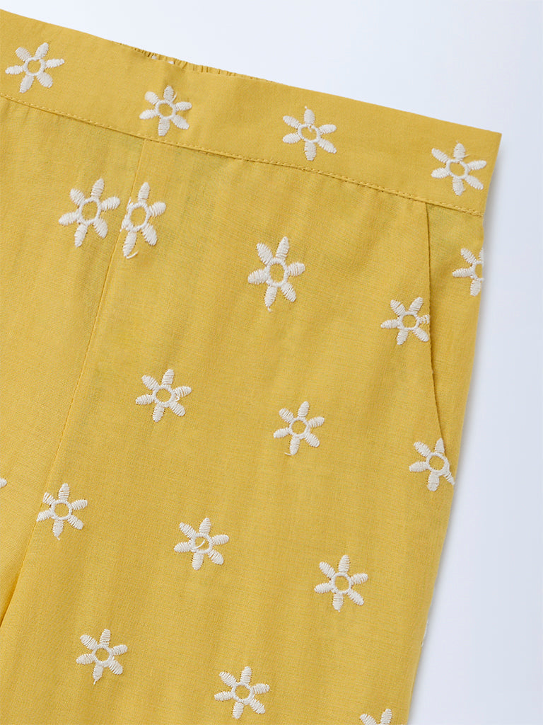 Utsa Kids Girls Yellow Floral Embroidered Cotton Ethnic Pants - (2-8 yrs)