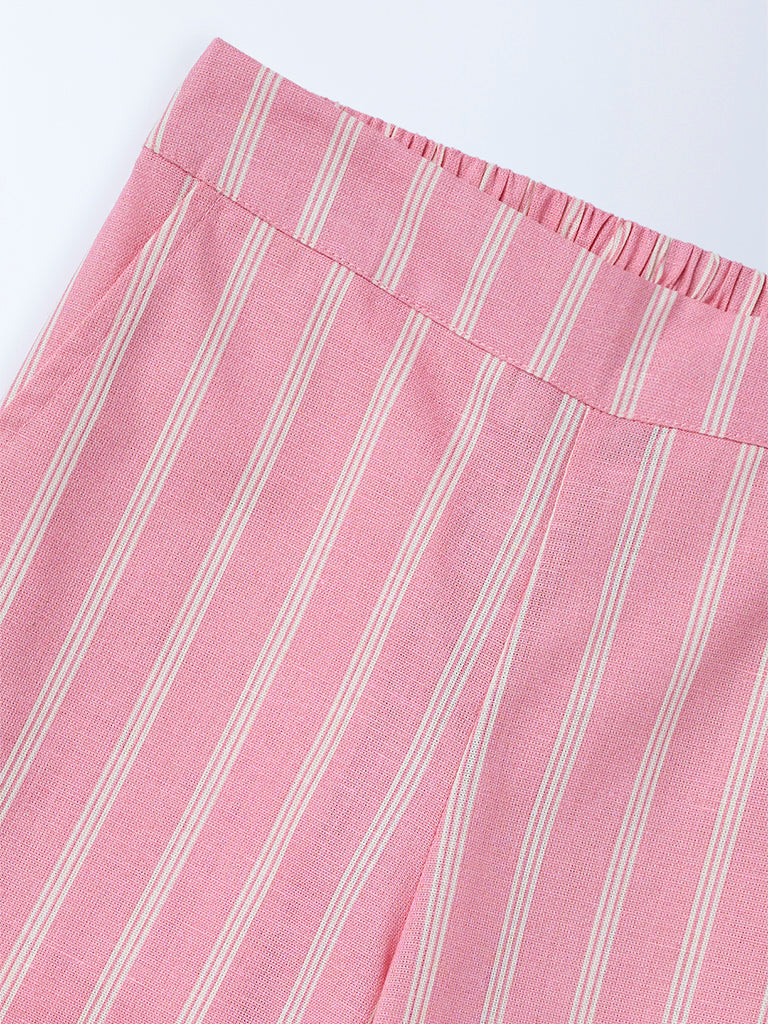 Utsa Kids Girls Light Pink Striped Mid-Rise Cotton-Blend Pants - (2-8 yrs)