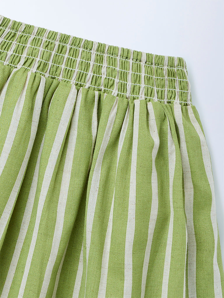 Utsa Kids Girls Sage Green Striped Fit-and-Flare Cotton-Blend Skirt - (2-8 yrs)