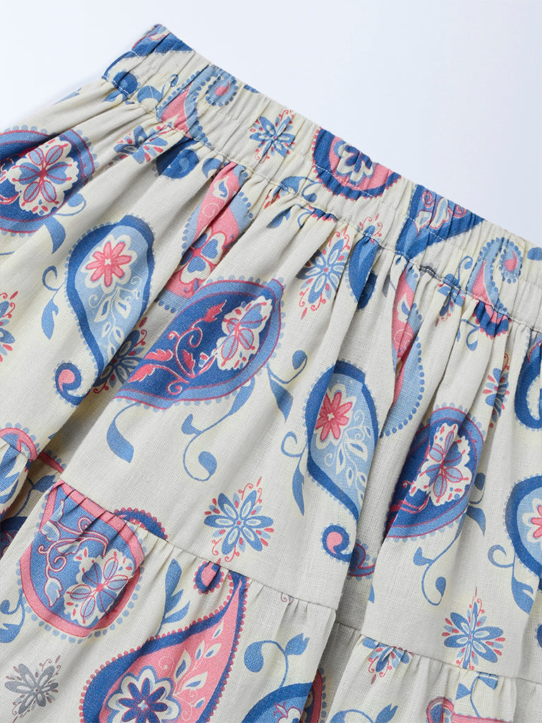 Utsa Kids Girls Off-White Paisley Printed Cotton-Blend Flared Tiered Skirt - (2-8 yrs)