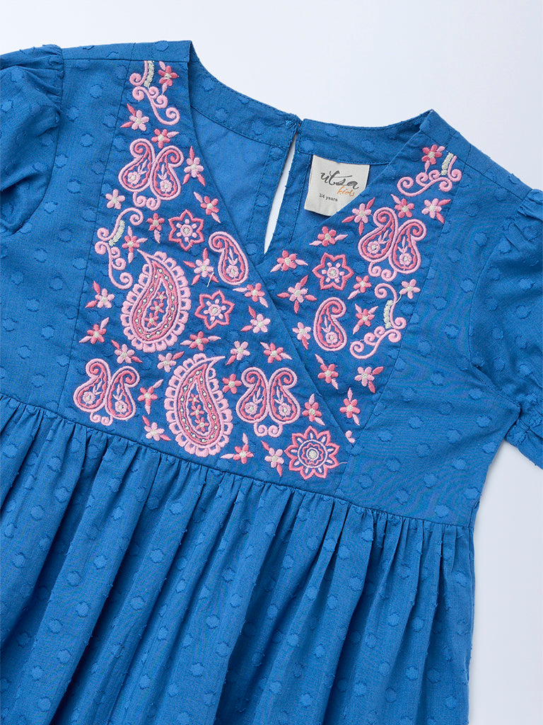 Utsa Kids Girls Indigo Floral Embroidered Flared Cotton-Blend Tiered Dress - (2-8 yrs)