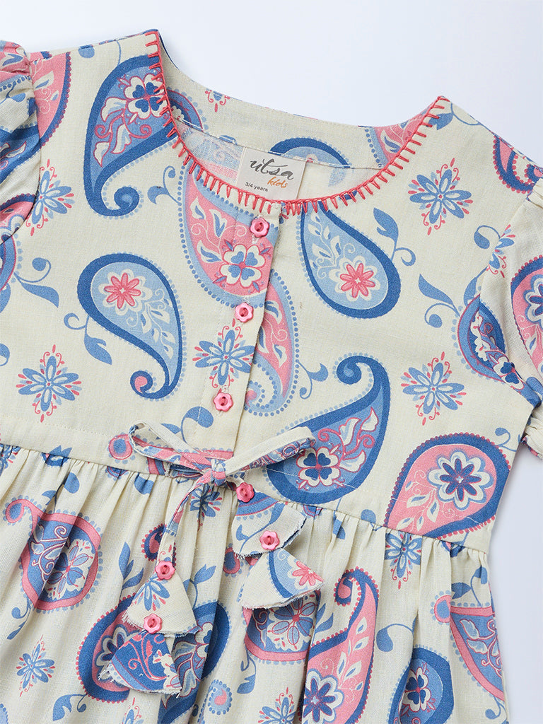 Utsa Kids Girls Off-White Paisley Printed Cotton-Blend Flared Tiered Dress - (2-8 yrs)