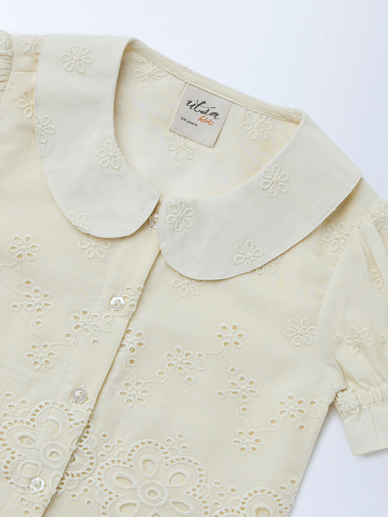 Utsa Kids Girls Off-White Schiffli Embroidered Cotton Top - (2-8 yrs)