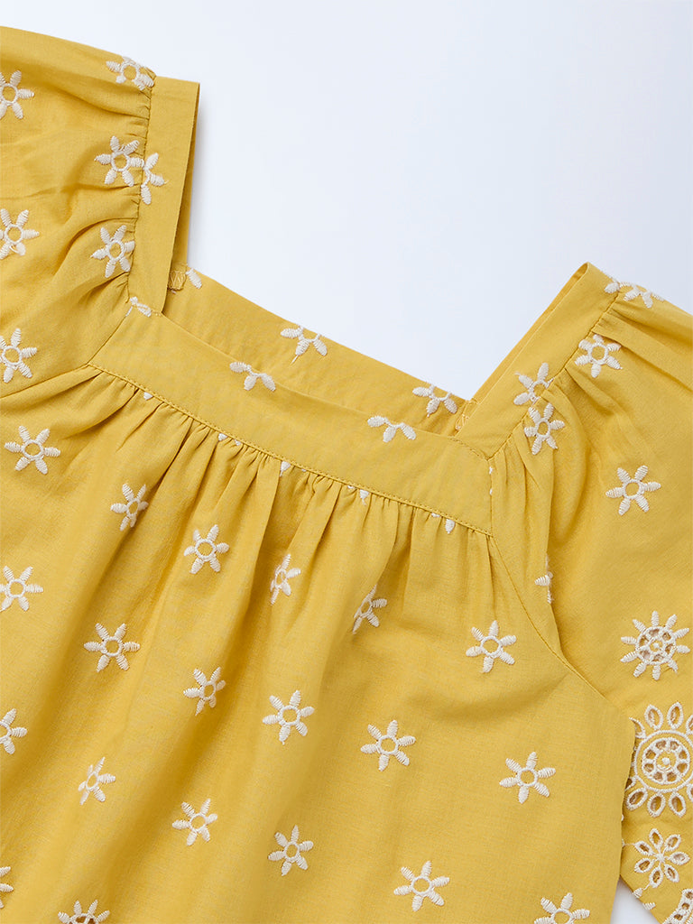 Utsa Kids Girls Yellow Embroidered Cotton Blouse - (2-8 yrs)